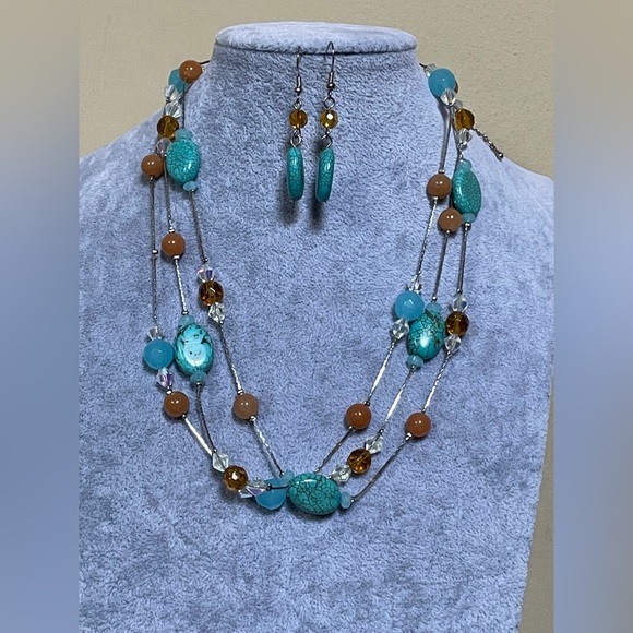 Three strand turquoise stone bead and brown bead silver link necklace set - Picture 1 of 3